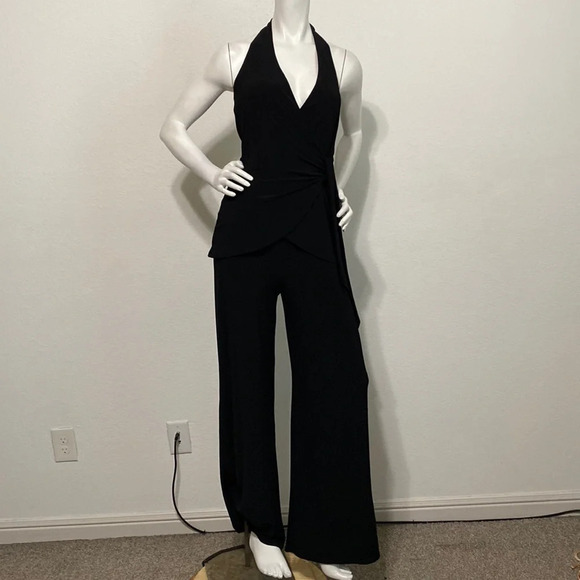 White House Black Market Halter Black Deep V-Neck Wide Leg Jumpsuit Size M - Picture 1 of 6